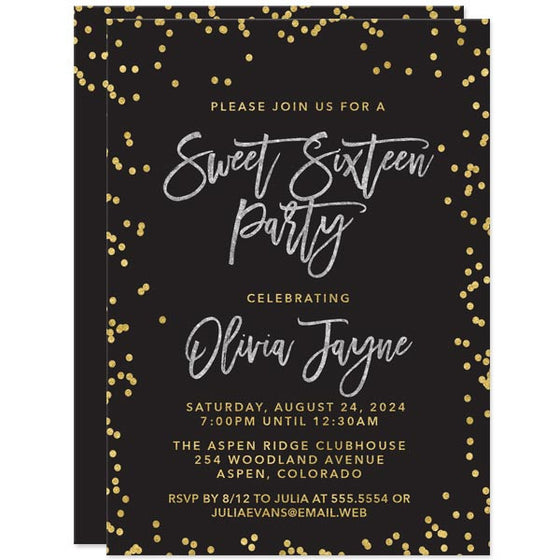 Black Silver & Gold Confetti Sweet 16 Invitations by The Spotted Olive