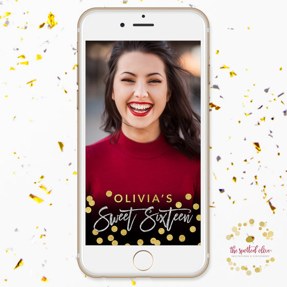Black Silver & Gold Sweet 16 Personalized Snapchat Geofilter