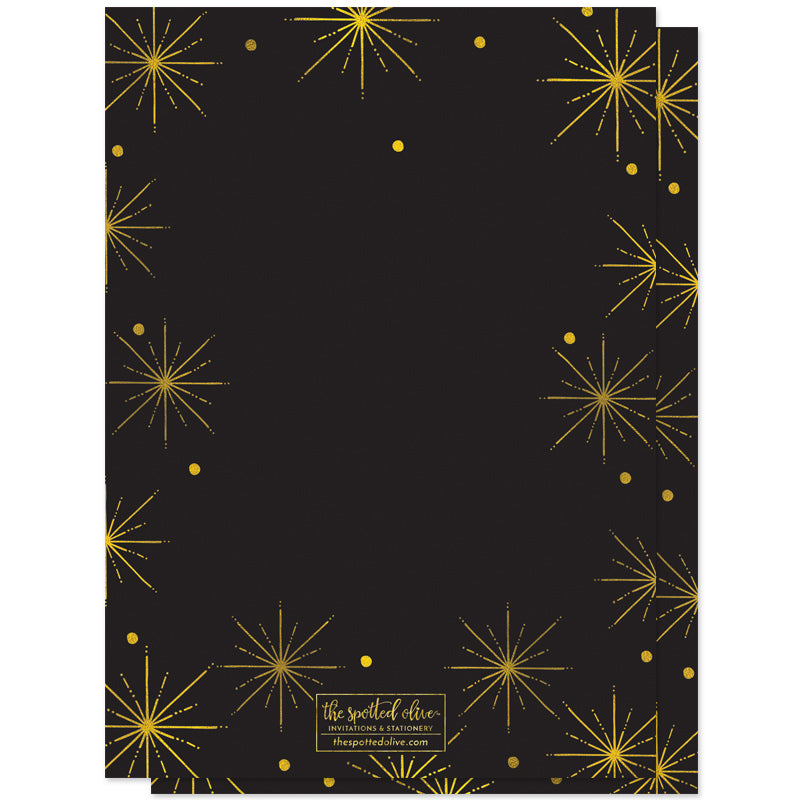 Black & Gold Bursts Holiday Party Invitations by The Spotted Olive - Back