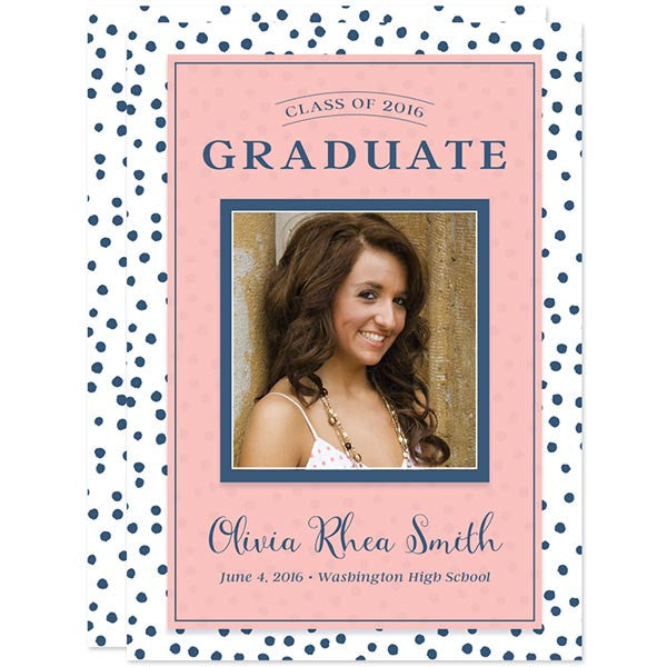 Blue Polka Dots with Pink Graduation Announcements by The Spotted Olive