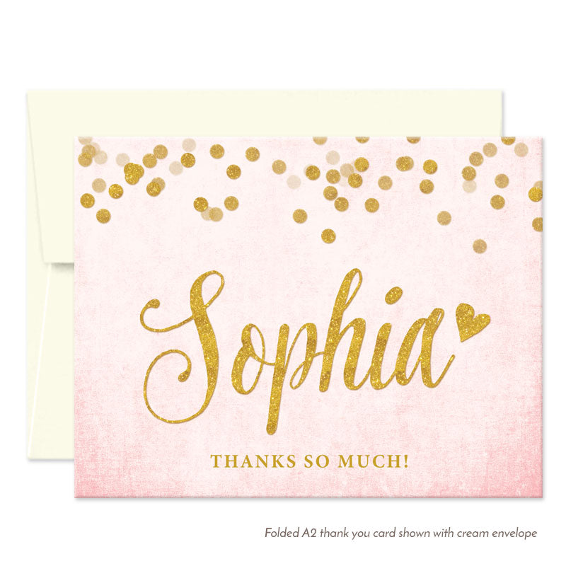Blush Pink & Gold Confetti Name Thank You Cards by The Spotted Olive - Cream Envelope