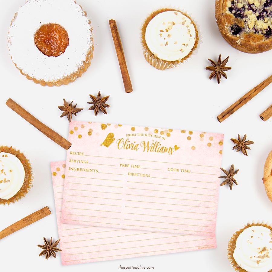 Blush Pink & Gold Confetti Personalized Recipe Cards by The Spotted Olive - Scene