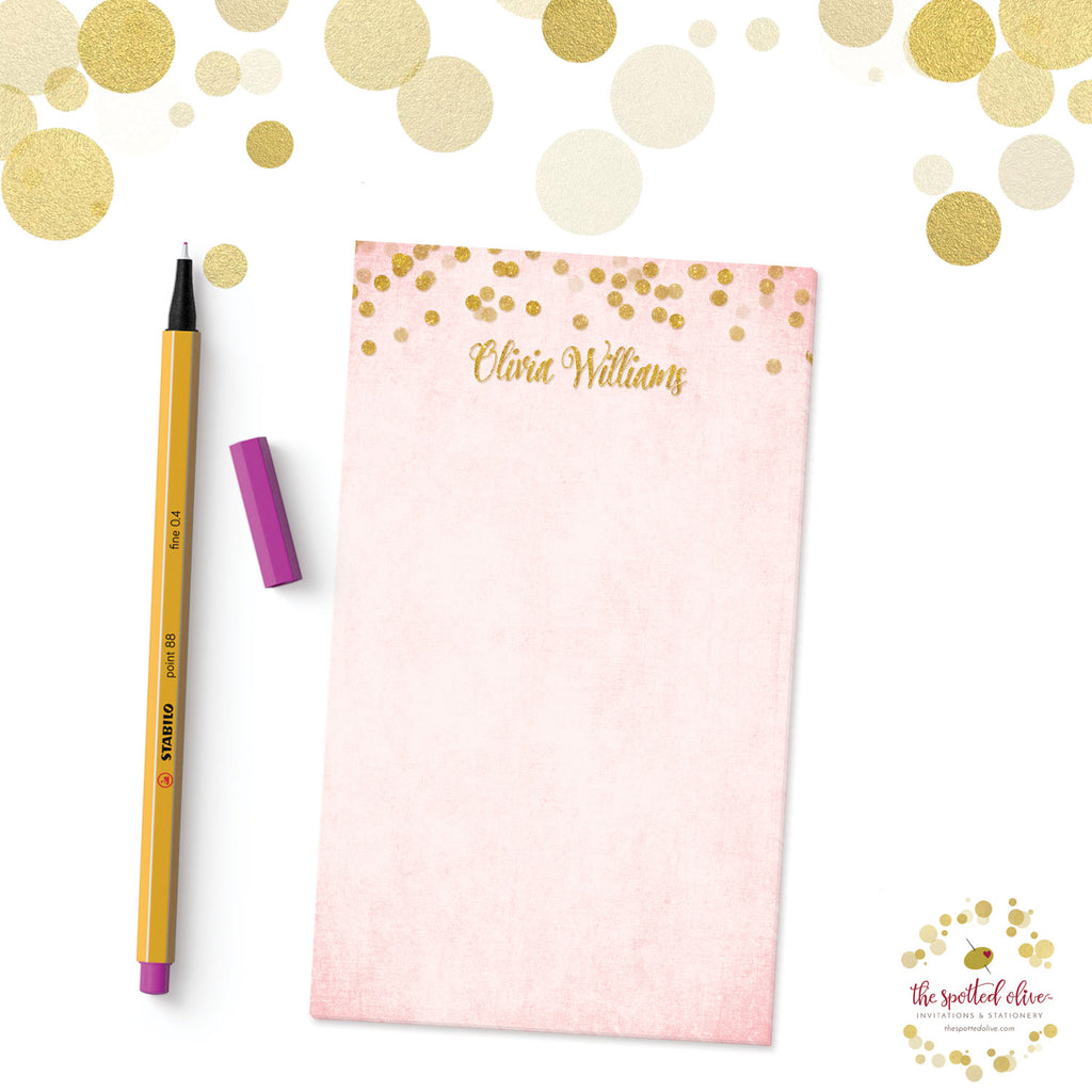 Blush Pink & Gold Confetti Personalized Notepads by The Spotted Olive - Branded
