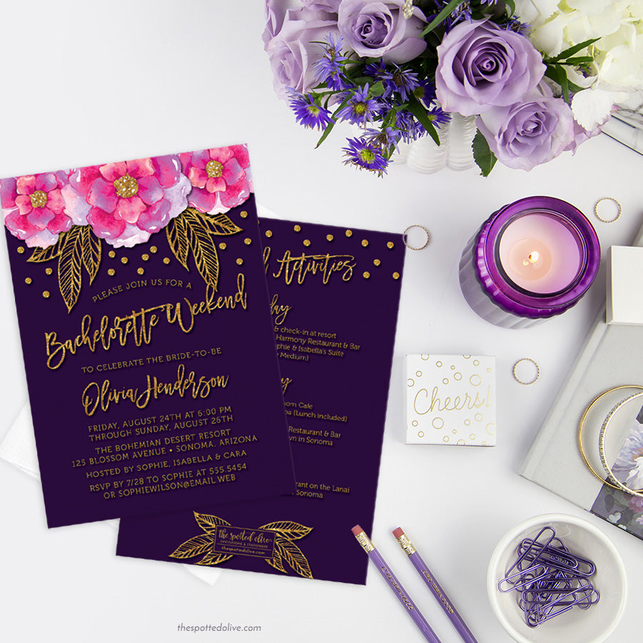Bohemian Violet Bachelorette Weekend Invitations by The Spotted Olive - Scene