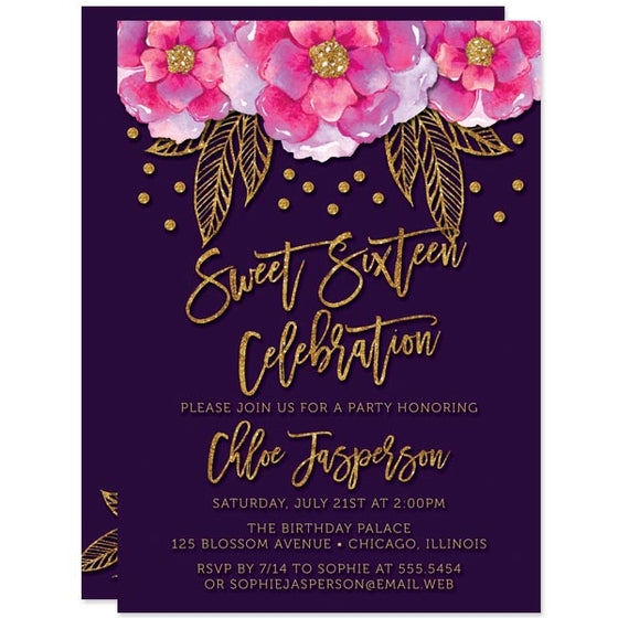 Bohemian Violet Flowers Sweet 16 Invitations by The Spotted Olive
