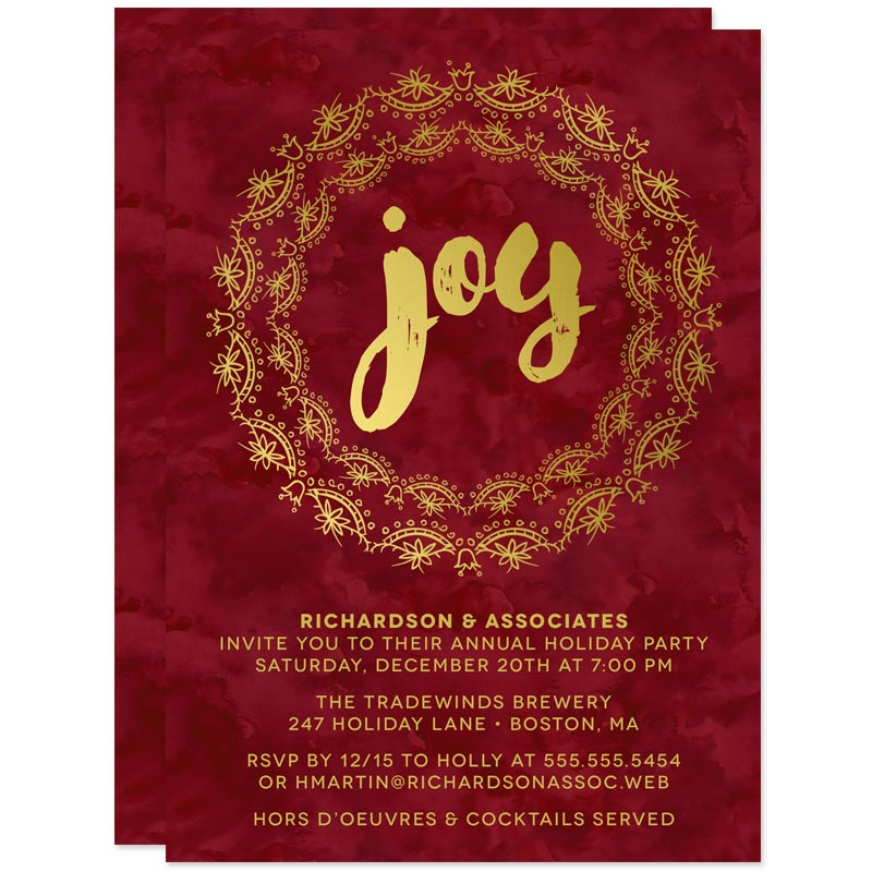 Burgundy & Gold Joy Holiday Party Invitations by The Spotted Olive