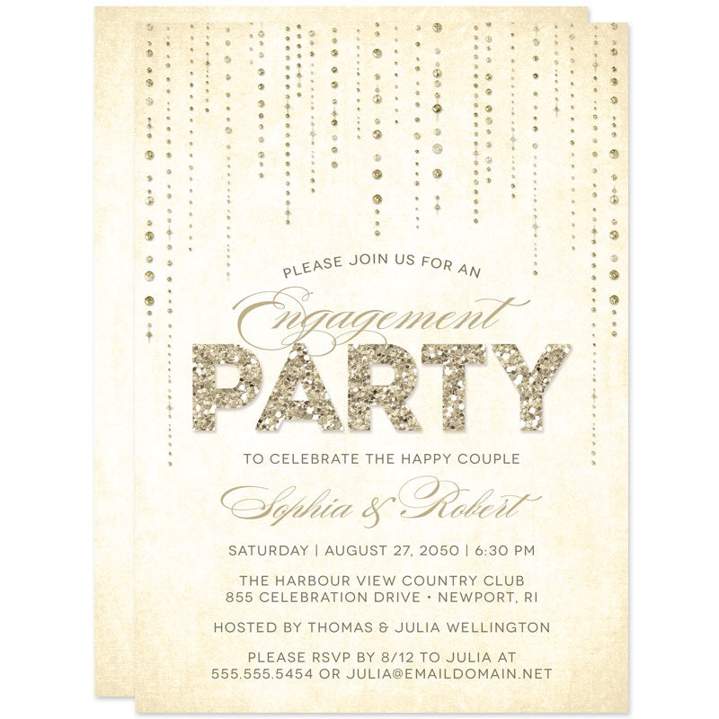 Champagne Gold Streaming Gems Engagement Party Invitations by The Spotted Olive