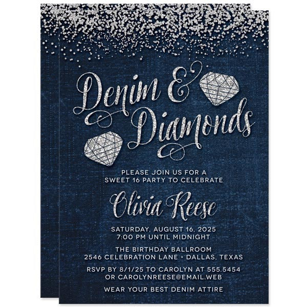 Denim & Diamond Gems Sweet 16 Invitations by The Spotted Olive