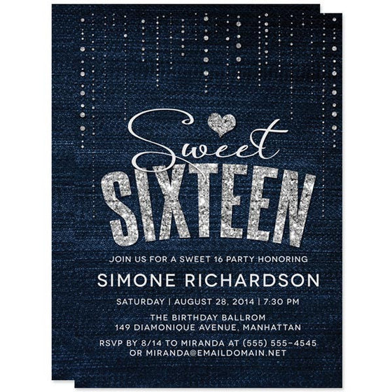 Denim & Diamonds Sweet 16 Party Invitations by The Spotted Olive