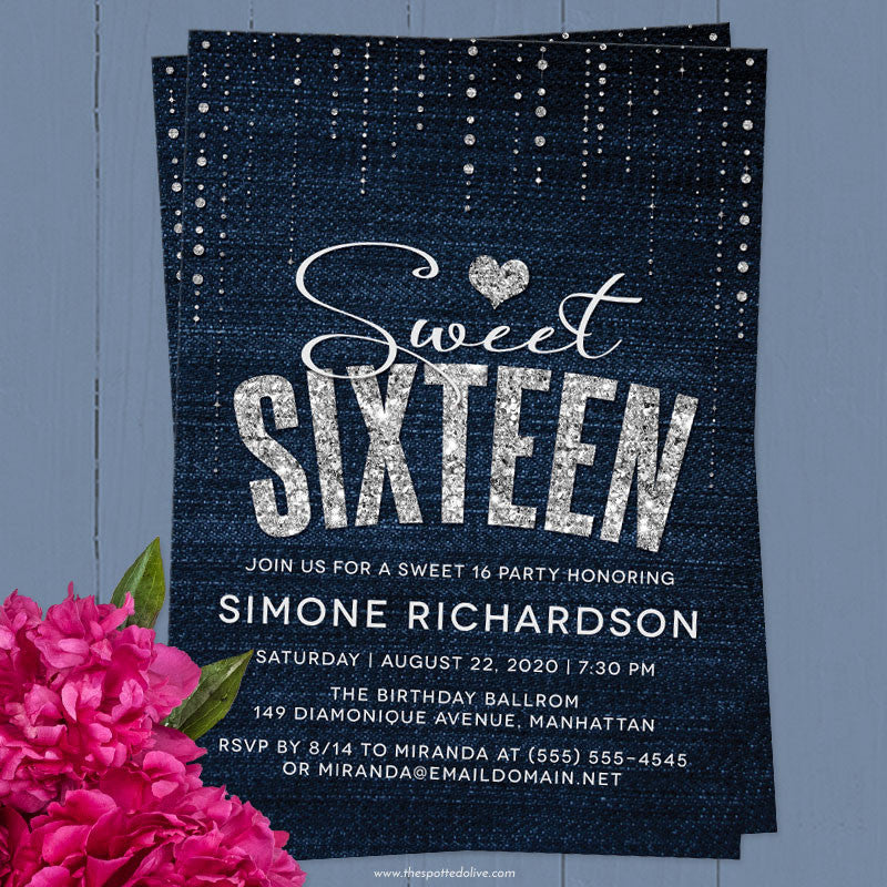 Denim & Diamonds Sweet 16 Party Invitations by The Spotted Olive - Scene