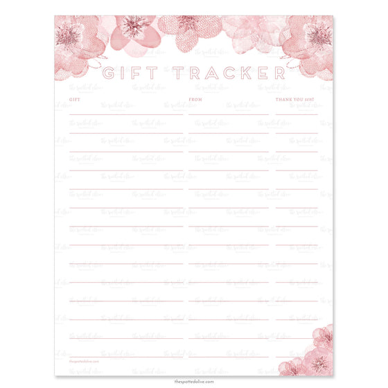 Dusty Rose Floral Gift Tracker Printable Digital File
