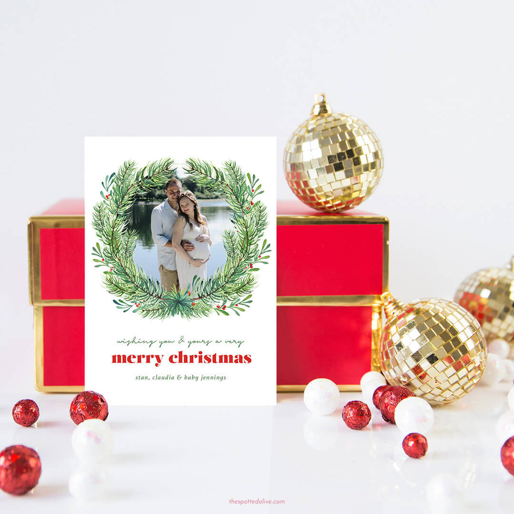 Evergreen Wreath Holiday Photo Cards by The Spotted Olive - Scene