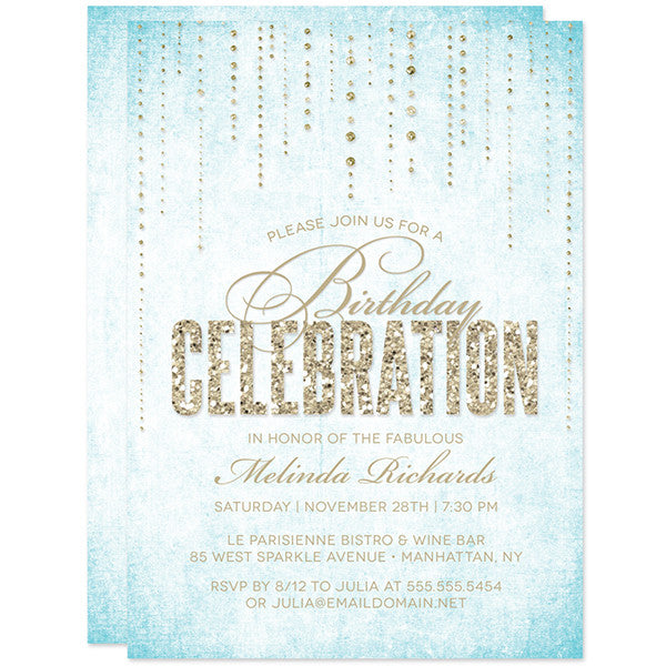 Blue & Gold Glitter Look Streaming Gems Birthday Party Invitations