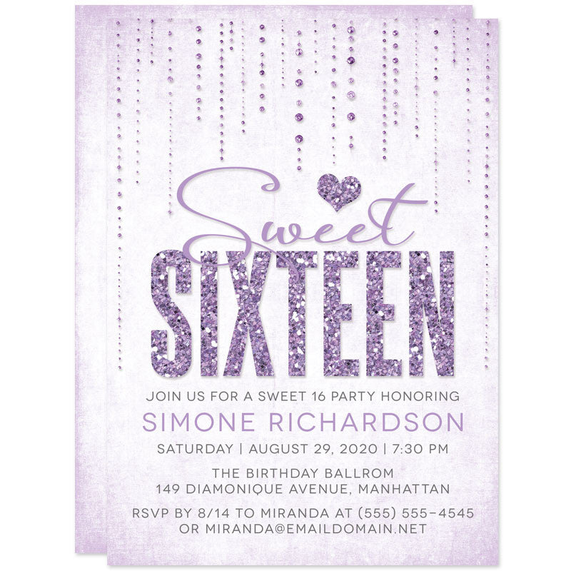Lavender Glitter Look Streaming Gems Sweet 16 Party Invitations