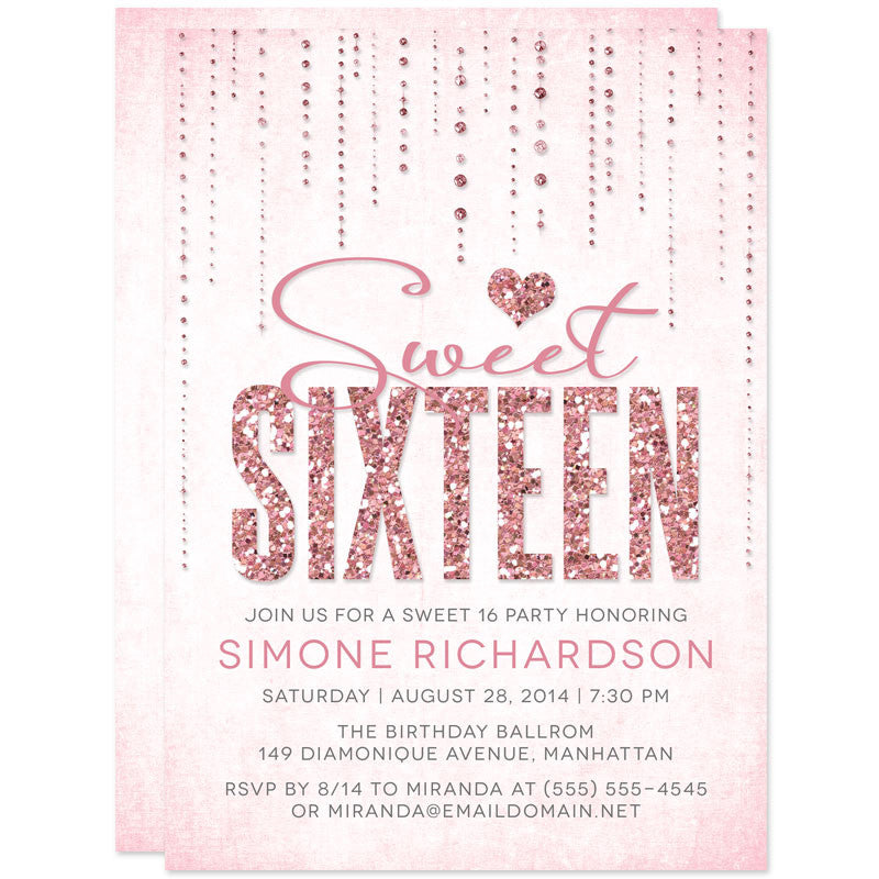 Pink Glitter Look Streaming Gems Sweet 16 Party Invitations