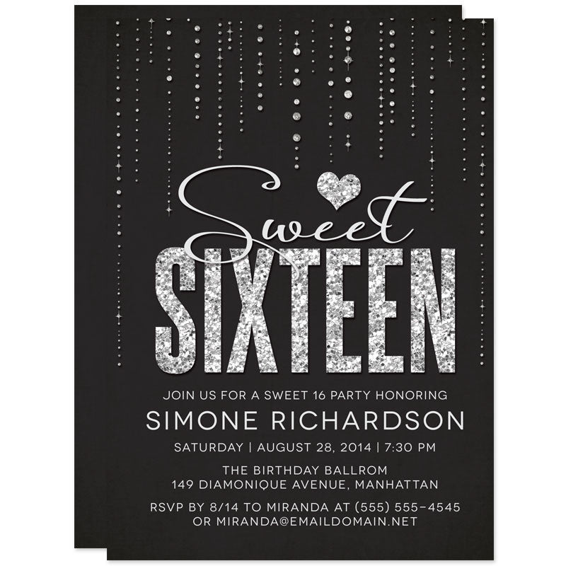 Silver on Black Glitter Look Streaming Gems Sweet 16 Party Invitations
