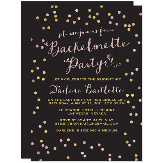 Gold & Pink Confetti Dots Bachelorette Party Invitations