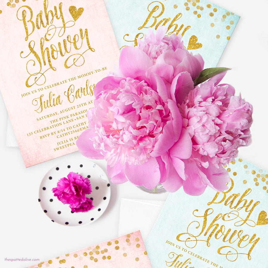 Aqua Blue & Gold Confetti Baby Shower Invitations by The Spotted Olive - Scene