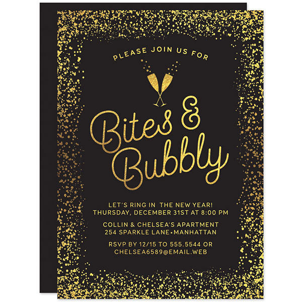 Gold Confetti Bites & Bubbly New Years Eve Holiday Party Invitations