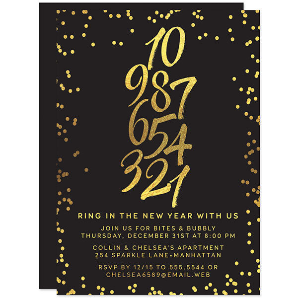 Gold Confetti New Year's Eve Countdown Party Invitations by The Spotted Olive