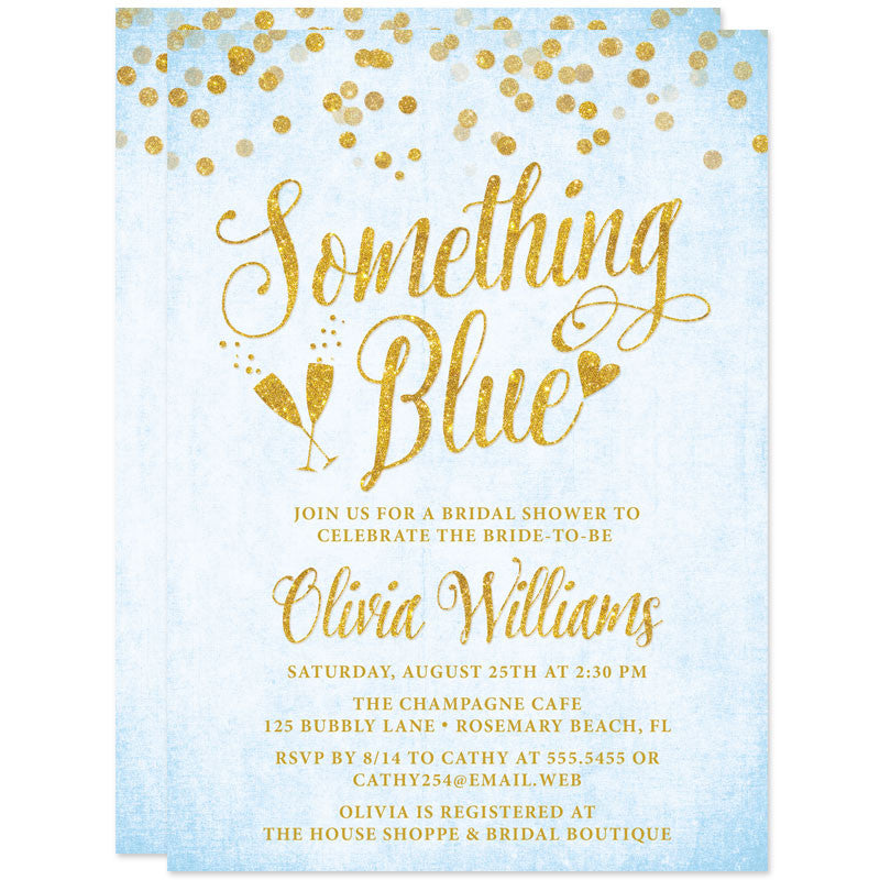 Gold Confetti Something Blue Bridal Shower Invitations by The Spotted Olive