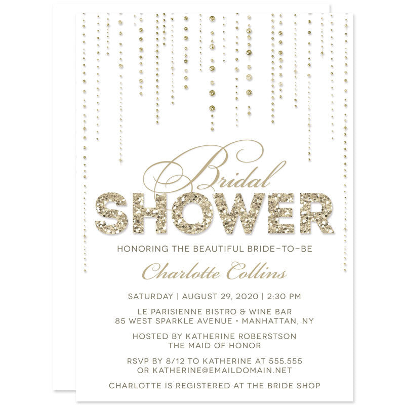 Gold Glitter Look Streaming Gems Bridal Shower Invitations