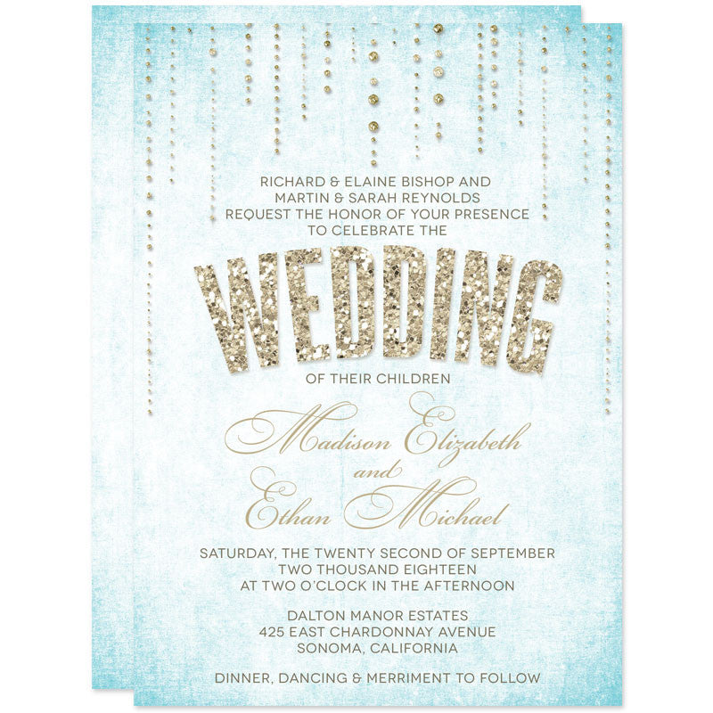Gold Glitter Look Wedding Invitations-Aqua Background