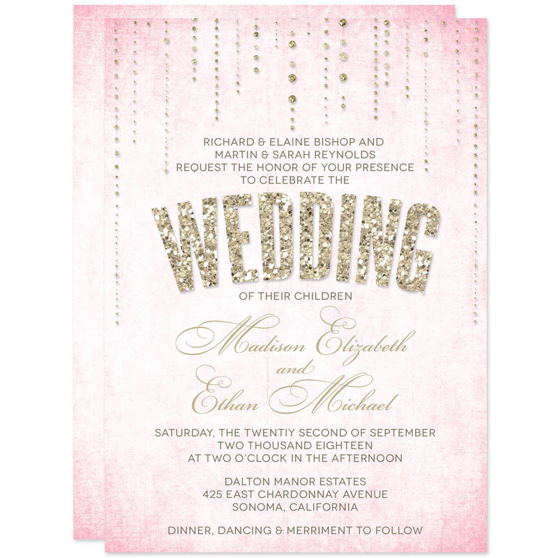 Gold Glitter Look Wedding Invitations-Pink Background
