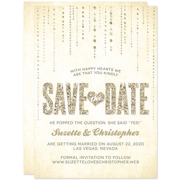 Save The Date Cards - Champagne Gold Glitter Streaming Gems