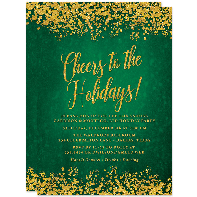 Green & Gold Confetti Holiday Party Invitations by The Spotted Olive - Front
