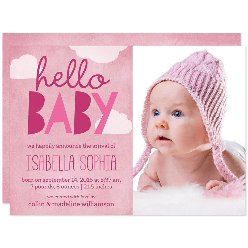 Pink Hello Baby Clouds Birth Announcements