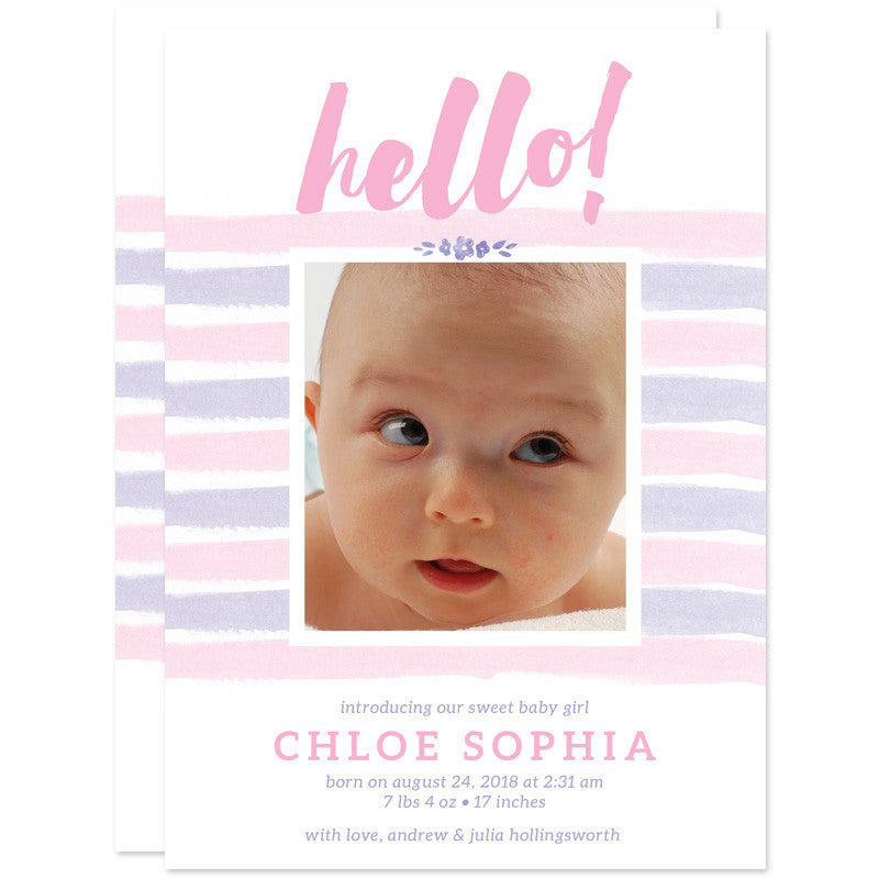 Hello Stripes Baby Birth Announcements