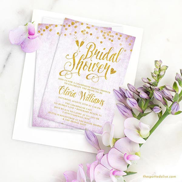 Lavender & Gold Confetti Bridal Shower Invitations by The Spotted Olive - Scene