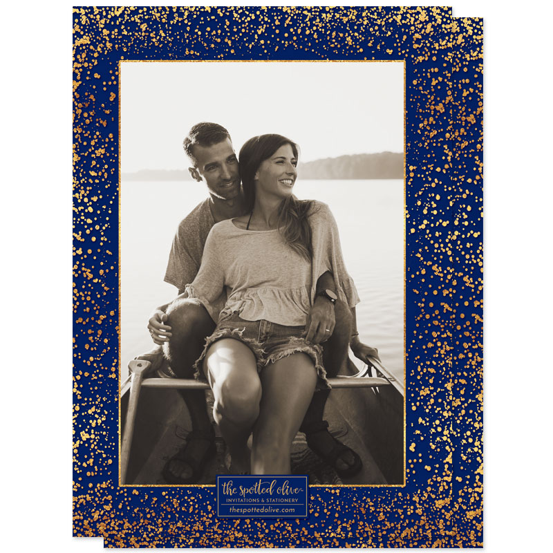 Navy & Gold Confetti Photo Engagement Party Invitations by The Spotted Olive - Back