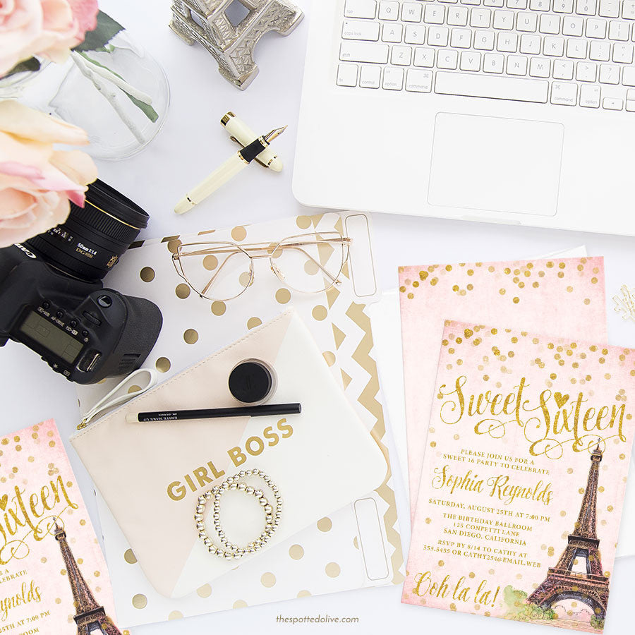 Paris Blush & Gold Confetti Sweet 16 Party Invitations by The Spotted Olive - Scene