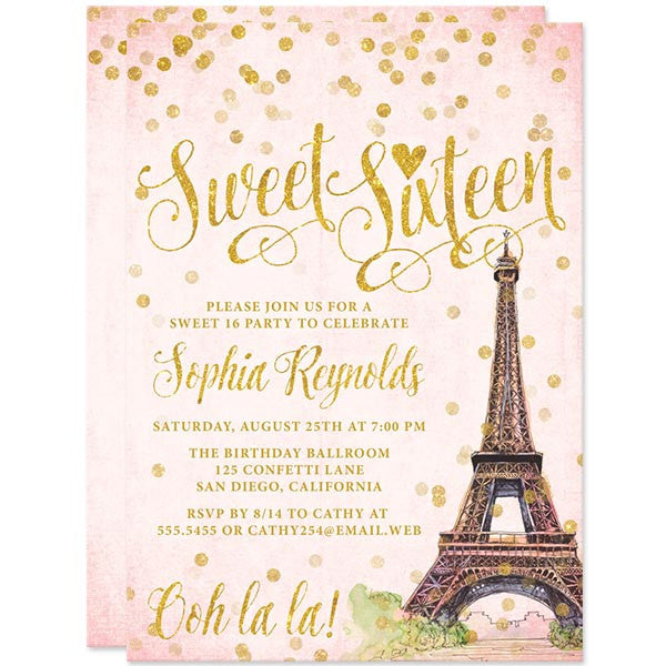 Paris Blush & Gold Confetti Sweet 16 Party Invitations by The Spotted Olive