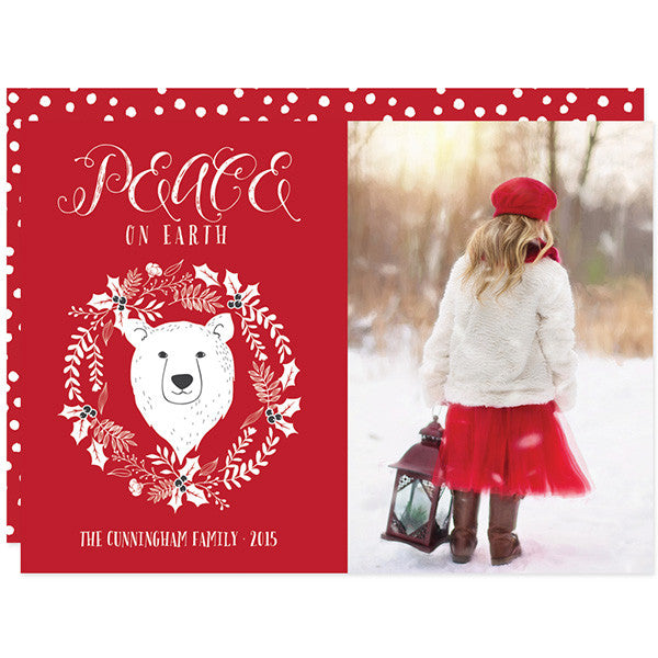 Peace on Earth Bear Wreath Christmas Holiday Photo Card by The Spotted Olive