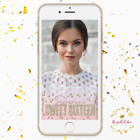 Pink & Gold Sparkle Sweet 16 Personalized Snapchat Geofilter by The Spotted Olive