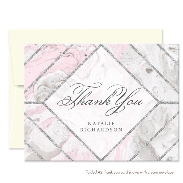 Pink & Gray Marble Personalized Thank You Cards by The Spotted Olive - Cream Envelope