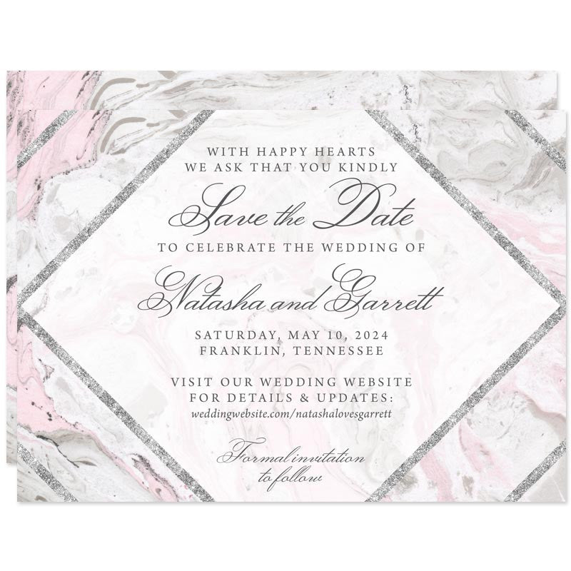 Pink & Gray Marble Save The Date Cards by The Spotted Olive