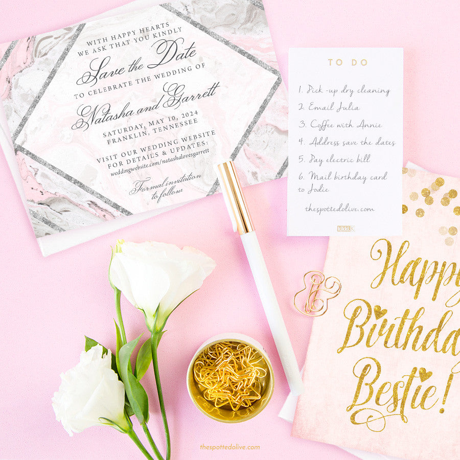 Pink & Gray Marble Save The Date Cards by The Spotted Olive - Scene