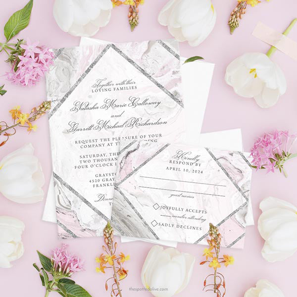 Pink & Gray Marble Wedding Invitations by The Spotted Olive - Scene
