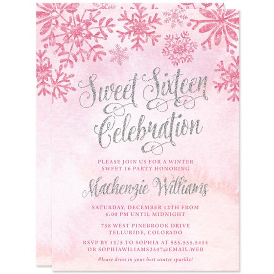 Pink & Silver Snowflakes Sweet 16 Invitations by The Spotted Olive
