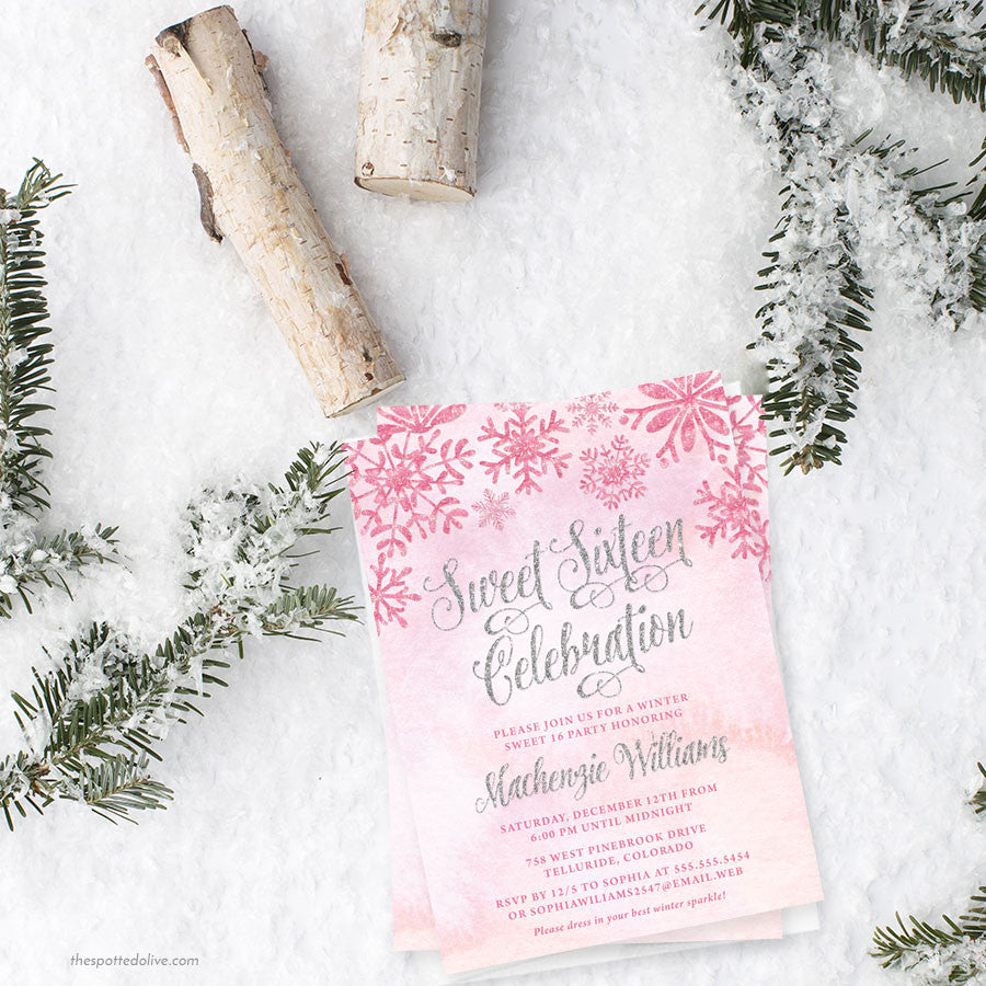Pink & Silver Snowflakes Sweet 16 Invitations by The Spotted Olive - Scene
