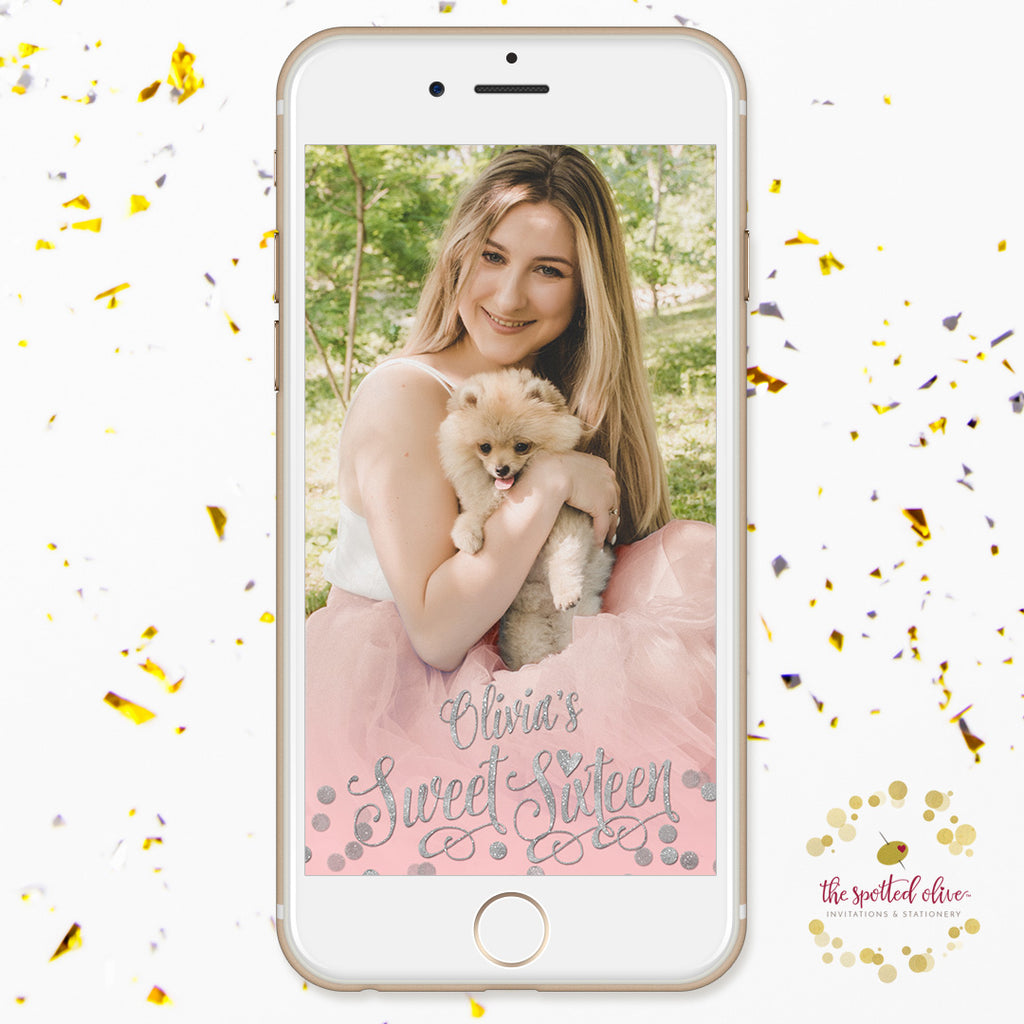 Blush Pink & Silver Confetti Sweet 16 Personalized Snapchat Geofilter by The Spotted Olive