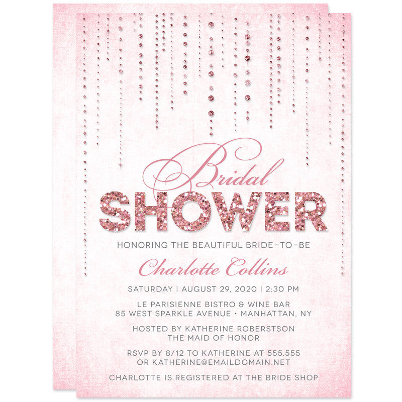 Pink Glitter Look Streaming Gems Bridal Shower Invitations