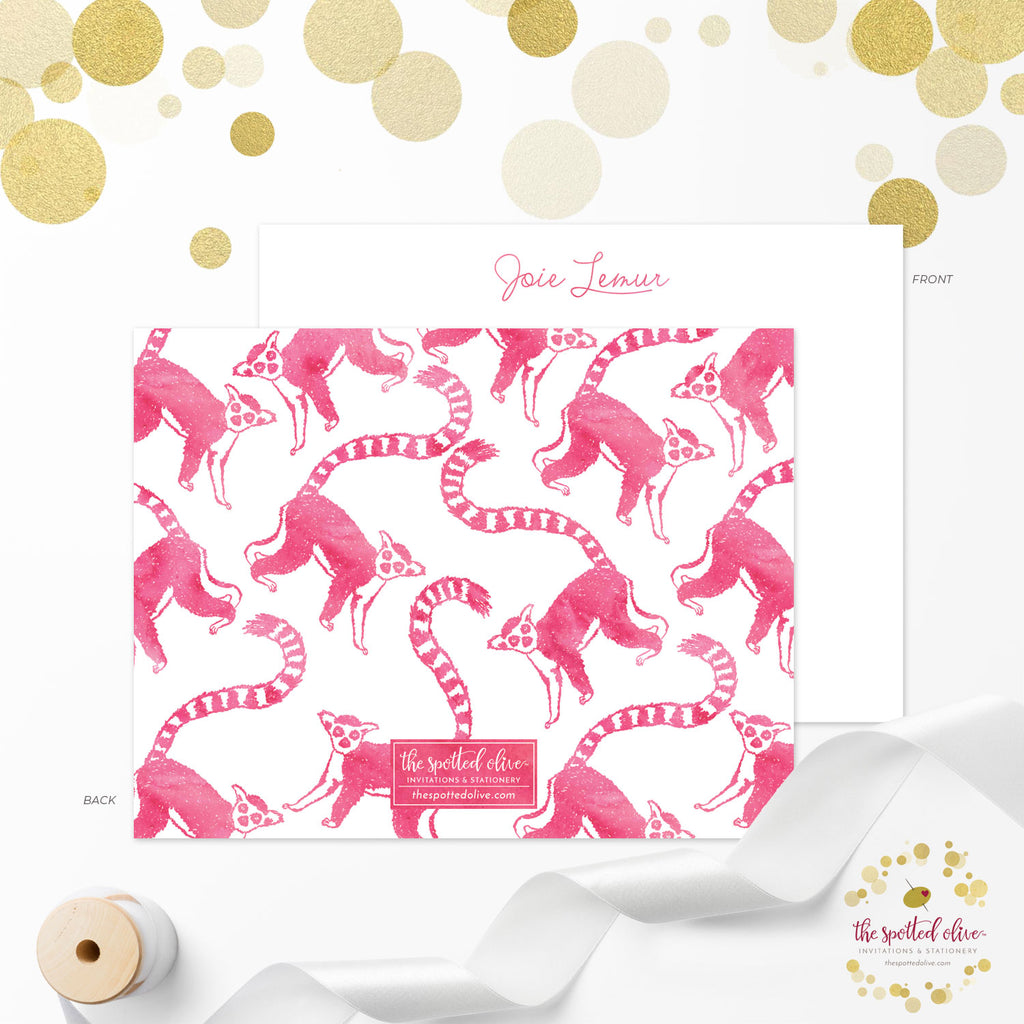 Pink Lemur Personalized Note Cards by The Spotted Olive - Back