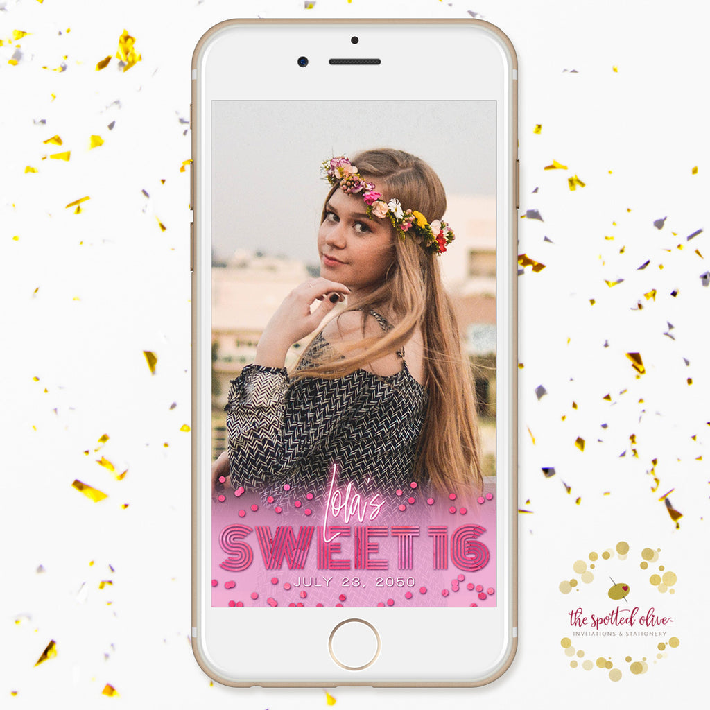 Pink Retro Glow Sweet 16 Personalized Snapchat Geofilter by The Spotted Olive