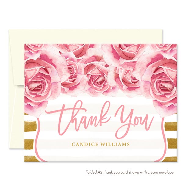 Pink Roses & Gold Stripes Personalized Thank You Cards By The Spotted Olive - Cream Envelope