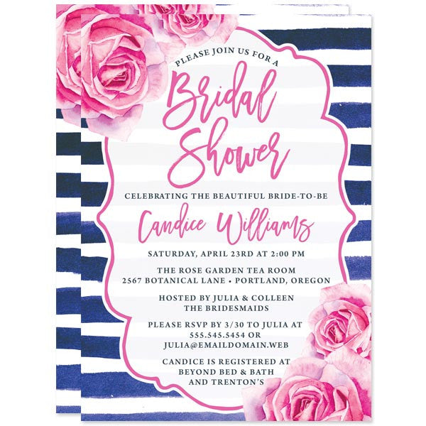 Bridal Shower Invitations - Pink Roses & Navy Stripes